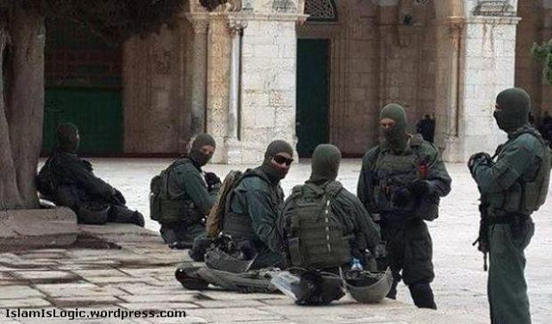 Al-Aqsa under occupation. Israel soldiers in the garden